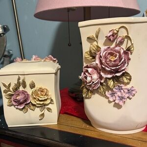 Floral Embellished Vase  Veratex stone bathroom trash can and soap dish